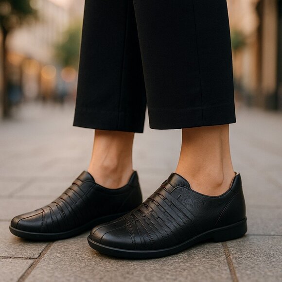 VINTAGE Y2K THINK! Black Leather Slip On Oxfords Loafers EU 40 10 Luxe Austria - Picture 1 of 16